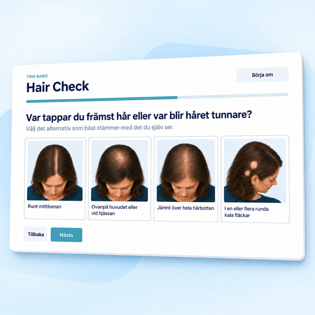 TRIX Basic Hair Check med visuella alternativ för olika mönster av håravfall.