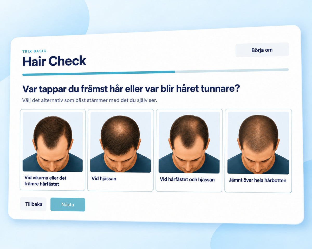 TRIX Basic Hair Check med visuella alternativ för olika mönster av håravfall hos män.