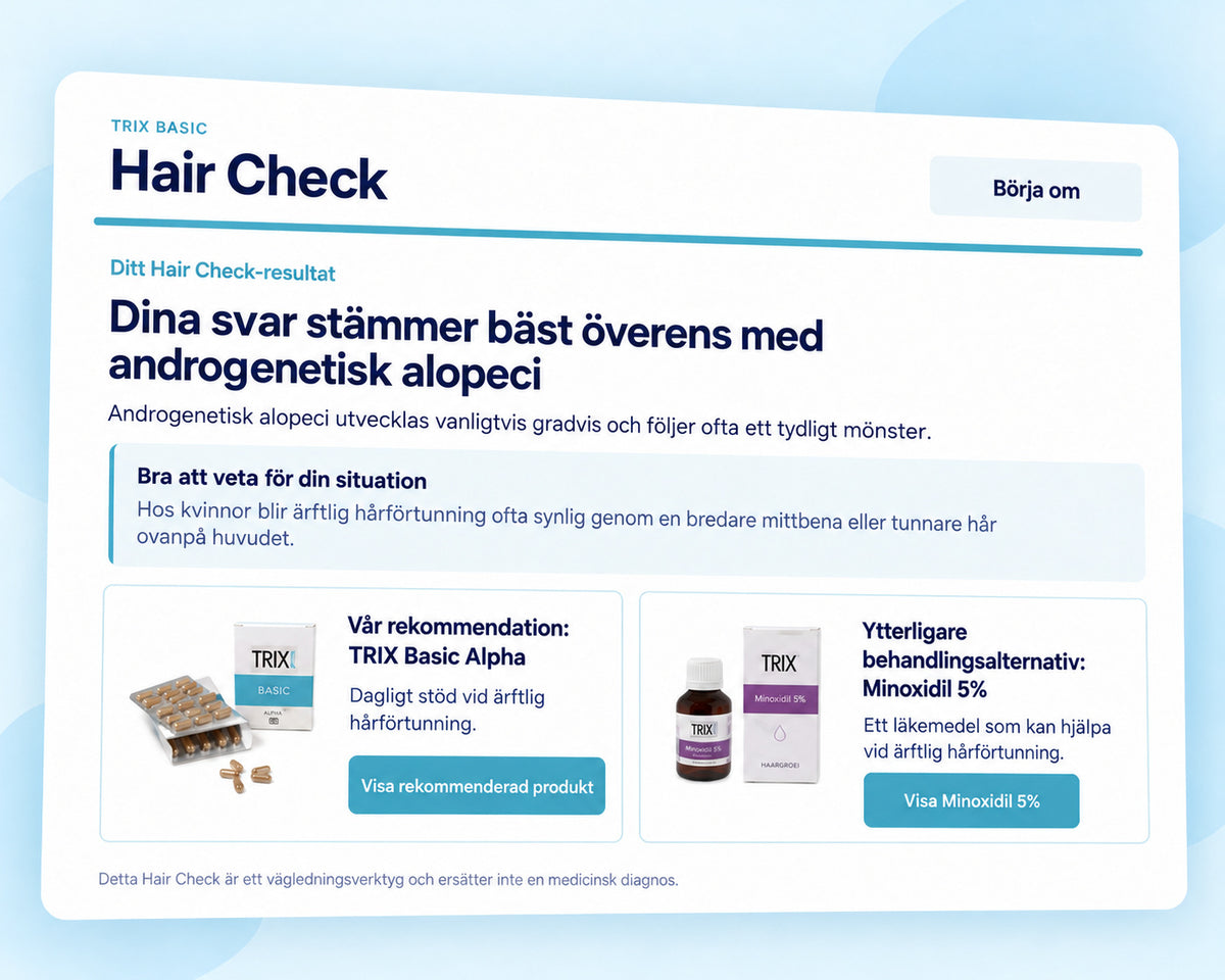 Resultado del Hair Check de TRIX Basic para la alopecia androgenética con información personalizada y opciones de productos.