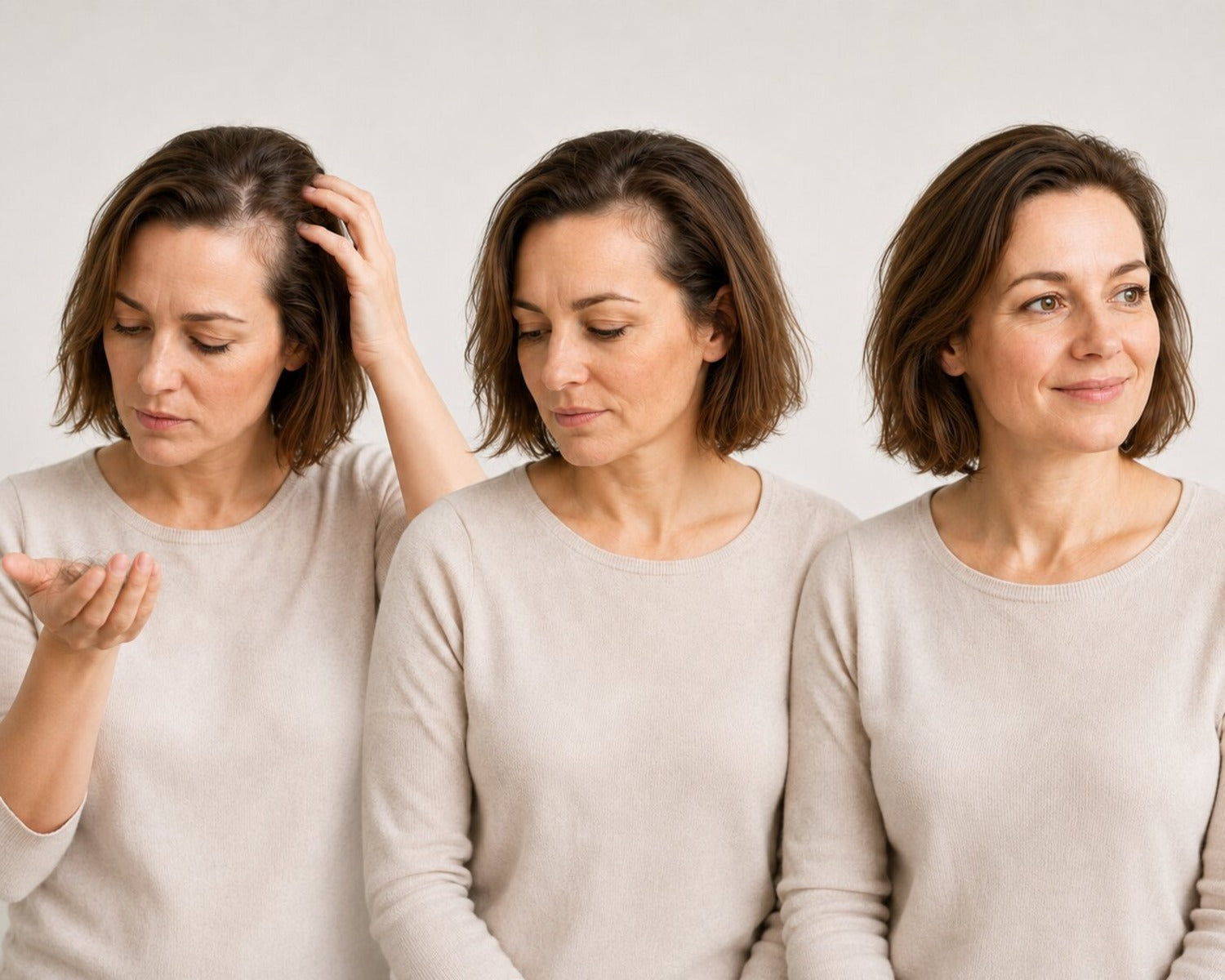 Vrouw in verschillende fasen van haaruitval en geleidelijk herstel