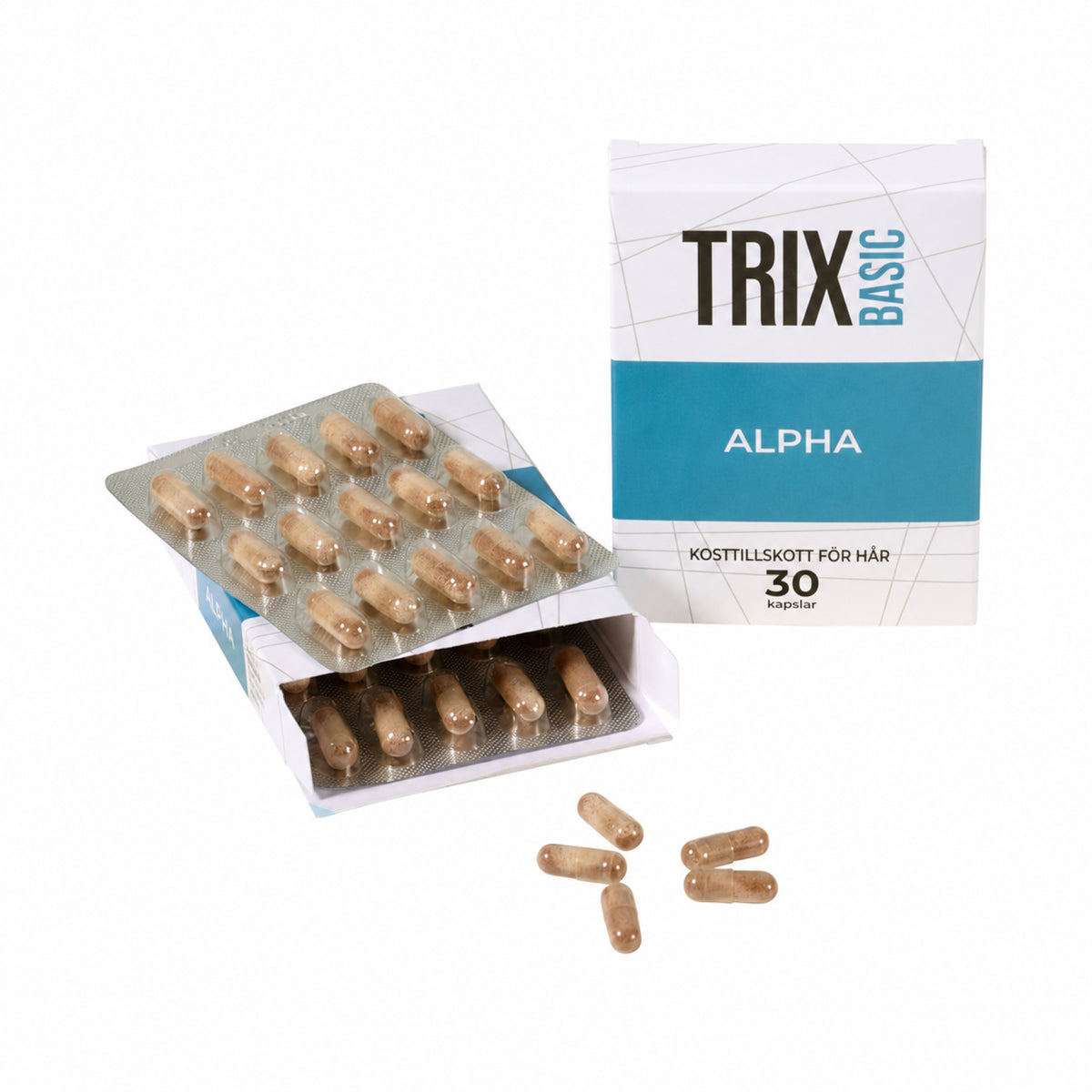 TRIX Basic Alpha-förpackning med blisterförpackningar och lösa kapslar.