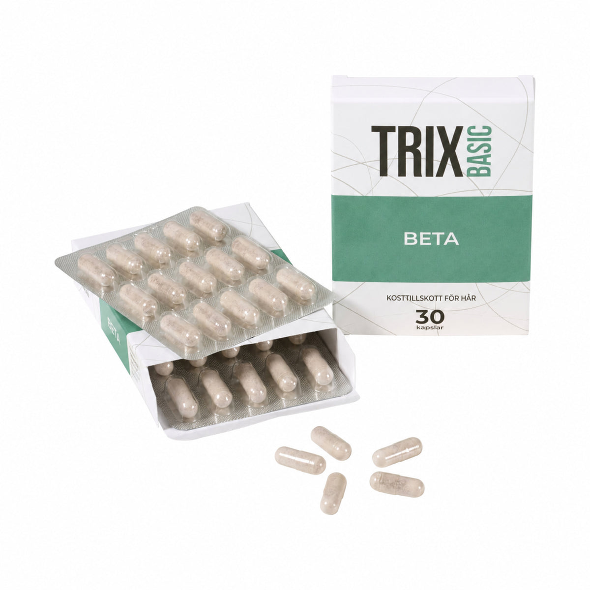 TRIX Basic Beta kosttillskott – förpackning med 30 kapslar, blisterförpackningar och lösa kapslar.